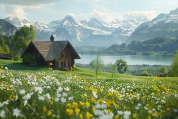 Fototapeta premium a hut in the alpine meadows