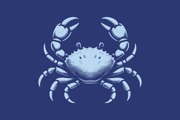 Crab. vintage vector engraving illustration. Sketch, emblem. Isolated object. On a blue background.