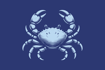 Crab. vintage vector engraving illustration. Sketch, emblem. Isolated object. On a blue background. © Victoria