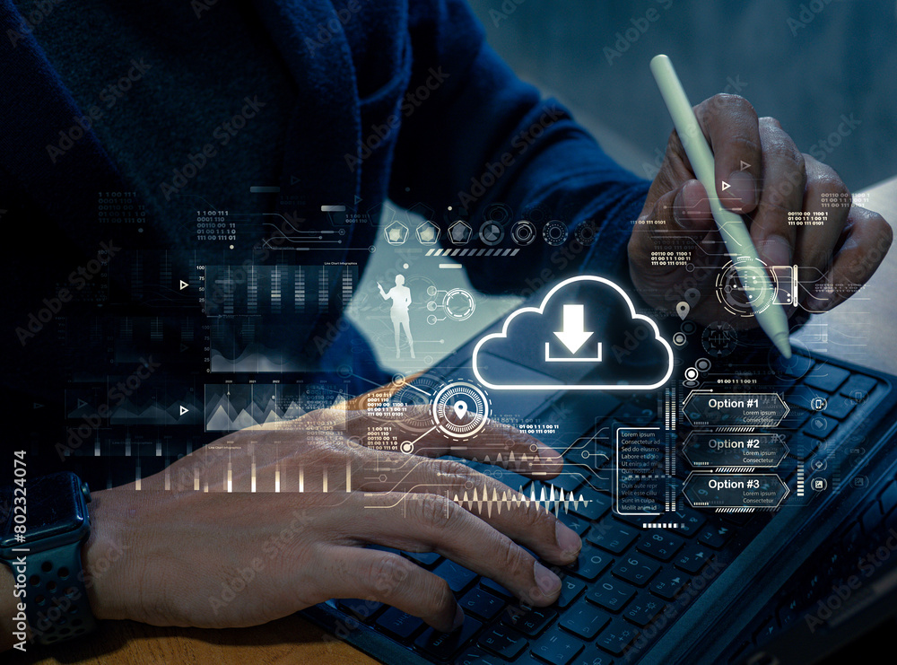 Poster cloud computing technology and online data storage for business network concept. businessman working