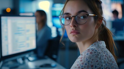 Focused Professional Woman in Tech Office