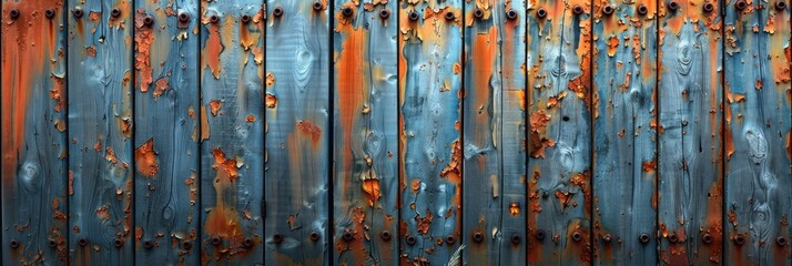 Weathered metal fence with orange and blue paint
