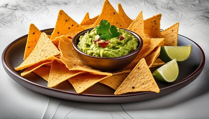 Nachos and guacamole with salsa, Mexican Ecuadorian traditional food on dark background with copy space top view. Food menu or restaurant banner concept