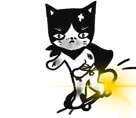 black and white cat play skateboard