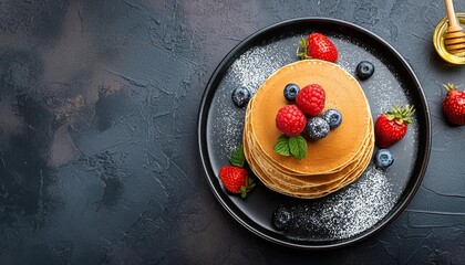 Pancakes with fruits, healthy breakfast on dark background with copy space top view. Food menu or...