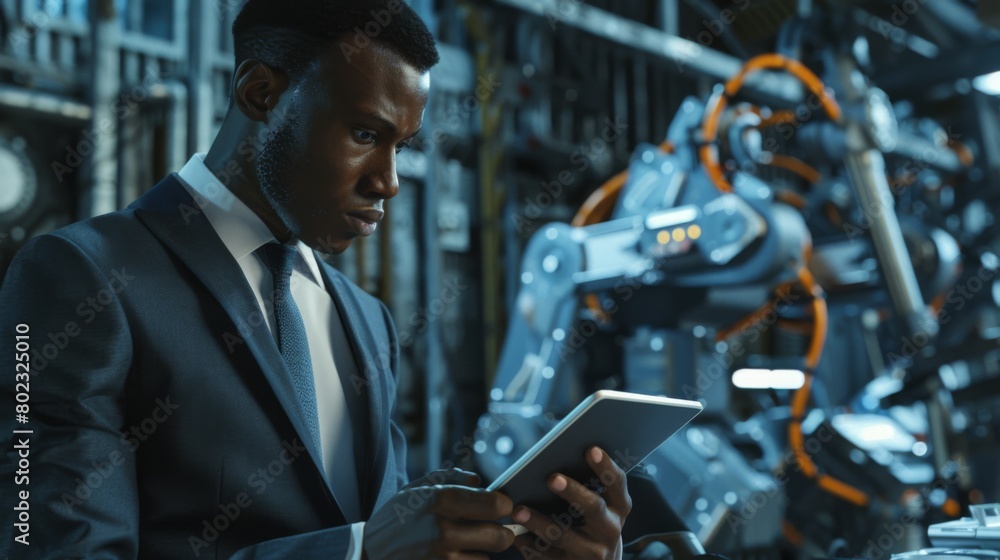 Poster man managing advanced robotics