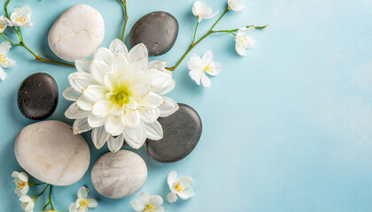 Spa concept on white and grey stone and flowers on blue background. Wellness and body treatment
