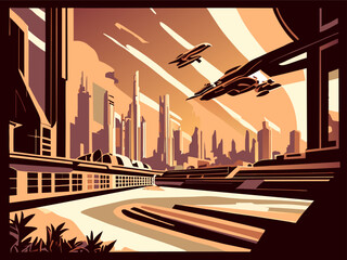 spaceship launch in city of the future retro futurism landscape skyscrapers river, vector