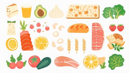 Set of healthy macronutrients Fiber or cellulose, proteins, fats and carbs or carbohydrates presented by food products Flat vector illustration of nutrition categories isolated on white background