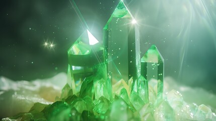 A crystal clear image of a bright green aura radiating from a quartz crystal