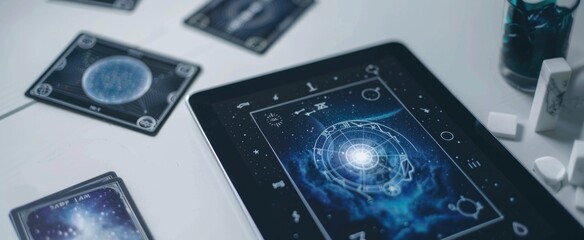modern, sleek arrangement of astrological tools, including a digital astrology app on a tablet, minimalist tarot cards, and contemporary celestial charts