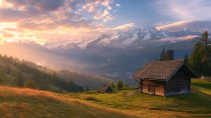 Picturesque sunrise in swiss alps with charming wooden chalet in majestic mountain landscape