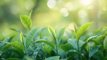 Closeup view of Green tea leaves at early morning in the forest.