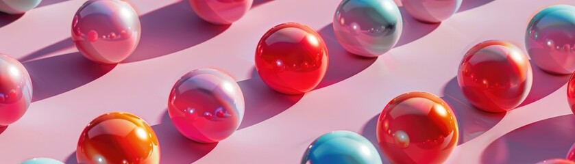 3D illustration of an array of colorful bubble gum pieces, each casting shadows under subtle, atmospheric lighting,