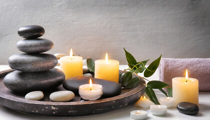 Zen pebbles and lightning candles. Stone spa, green leaves, healthcare. Wellness and body treatment
