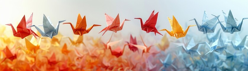 Vibrant origami paper cranes on a clear white background suitable for creative and peaceful wallpapers