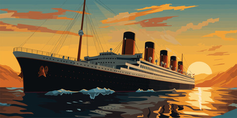 Maritime Sunset Vector Background, Iconic Ocean Liner Sailing at Golden Hour