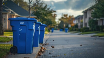 Blue trash can in a residential area
