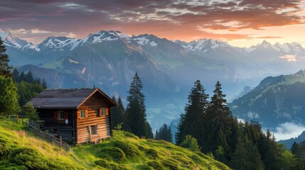 Fototapeta na wymiar Serene sunrise over swiss mountains with charming wooden cabin in picturesque landscape