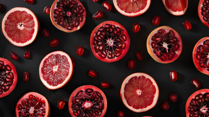 vibrant overhead shot of fresh citrus and pomegranates artistically arranged on black - obrazy, fototapety, plakaty