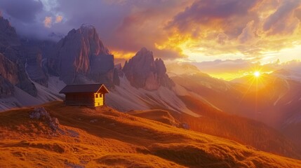 Sunrise over italian dolomite alps with small cabin in serene wooded mountain landscape - Powered by Adobe