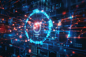 Obraz premium Abstract digital security background with holographic shield symbol surrounded in the style of glowing connections and data streams, representing advanced cyber.