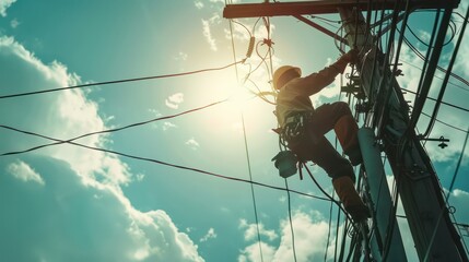 An electrician is repairing wires on a light pole.