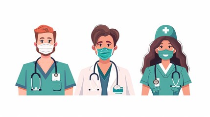 Fototapeta premium Set of smiling doctors, nurses and paramedics Portraits of male and female medic workers in uniform with stethoscopes, masks and gloves Flat cartoon vector illustration isolated on white background