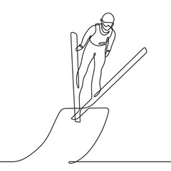 Skier athlete jumps from a springboard on skis. One line drawing. Continuous line without break.