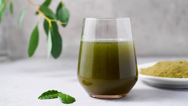 Moringa Matcha Wheatgrass Green Powder drink. Food supplement, healthy food lifesyle