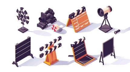 Collection of isometric film production equipment icons including clapperboards, cameras and lighting - obrazy, fototapety, plakaty
