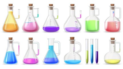 Collection of colorful liquids in various shapes of glass laboratory bottles and flasks on a light background