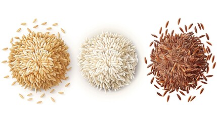 Varieties of uncooked rice grains presented in separate piles, including brown, white and red rice - high quality image