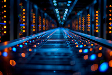 A panoramic shot of a data center filled with rows of servers humming with activity, symbolizing...