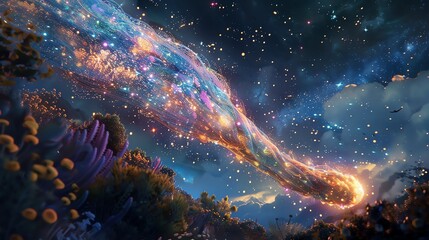 A comet hurtles through the sky above a beautiful landscape