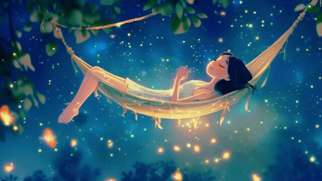 Lofi Girl lounging in a hammock between palm trees, with tropical birds chirping and exotic fruits nearby, 2D Japanese anime-style cute summer Lofi animation