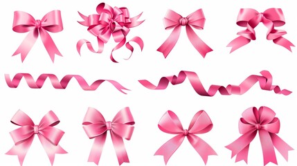 Collection of pink ribbon and bow tie on plain background