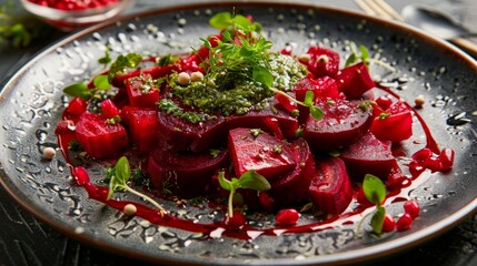 The cuisine of Belarus. Baked beetroot salad with Pesto sauce. 