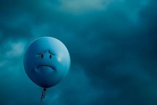 Blue balloon with sad face on cloudy sky background,  Copy space