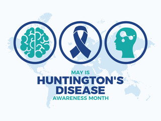 May is Huntington's Disease Awareness Month poster vector illustration. Dark blue awareness ribbon icon vector. Neurodegenerative disease symbol. Template for background, banner, card. Important day
