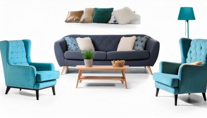Modern living room furniture isolated on white background. Sofa, chair, table, lamp, decor, design, interior, contemporary, minimalist, elegant, cozy