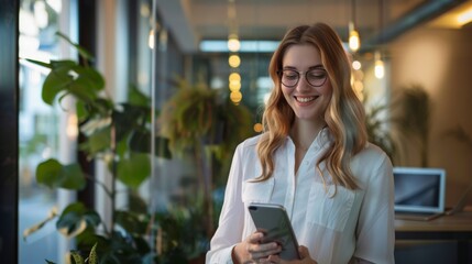Smiling Woman Using Smartphone