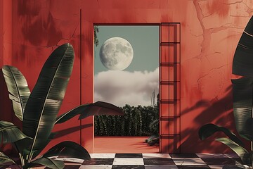 AI generated illustration of a surreal geometric image with doorway, moon, foliage, red wall