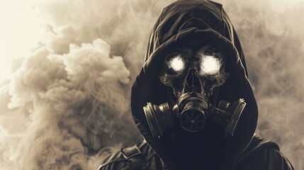 Skull wallpaper with hoodie on gas mask radiation smoke background AI generated image