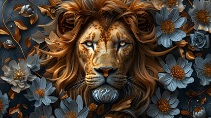 Fototapeta premium A majestic golden lion's face surrounded by delicate silver flowers, captured in a regal portrait style, vibrant colors contrasting with metallic accents.