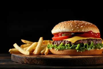 An appetizing shot of an oversized hamburger, highlighting its juicy beef patty, melted cheese, and fresh toppings.
