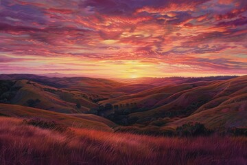 A breathtaking sunset over rolling hills, painting the sky in hues of orange, pink, and purple, as wildlife roams freely in the fading light. --ar 3:2 Job ID: f936b778-80fd-4323-8456-53f8f26db6e3