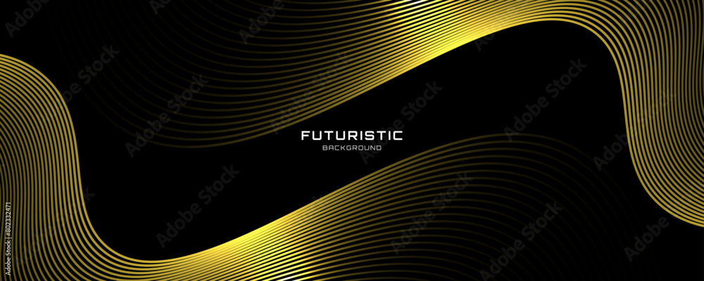 Sticker 3D yellow techno abstract background on dark space with waves shape effect decoration. Modern graphic design element with glowing gold color style concept for art, web, flyer, card, or brochure cover