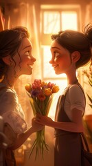 A cute little girl is holding flowers and smiling at her mother