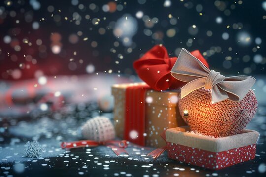 Gift boxes and Christmas ornaments on dark background with falling snow